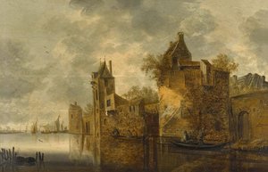 A River Landscape With Figures In Rowing Boats Beside Buildings — Pieter De Bloot