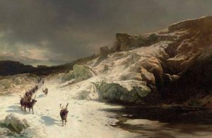 Elk In A Snowy Landscape — Herman Herzog