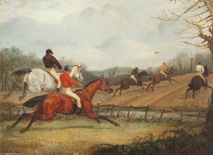 Five Steeplechasers, With A River In The Middle Distance And A Red Flag On The Horizon — Henry Thomas Alken