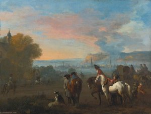 Landscape with two horsemen duelling, figures and a town beyond
