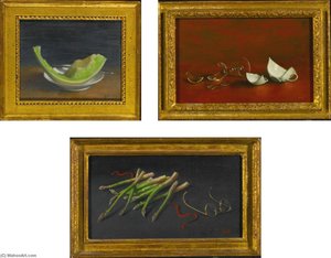 Melon, Asparagus and Glasses and Broken Wineglass and Cup Three Paintings