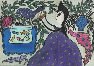 Femme Aux Deux Paons Avec Aquarium — Baya