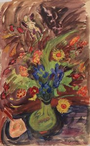Still Life Green Vase And Purple Iris And Flowers — William H. Johnson
