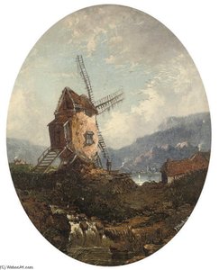 A Windmill Beside A Lake, In A Painted Oval — James Duffield Harding
