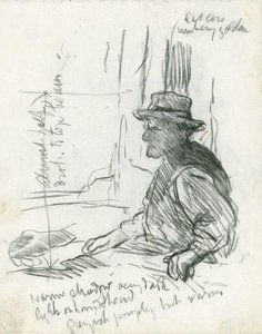 Sketch Of A Seated Man In A Hat For 'interior Of An Old Barn' 1 — Sir George Clausen