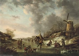 A Winter Landscape With Figures Skating On A Frozen River — Andries Vermeulen