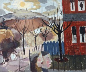 Landscape With House And Two Heads — Sir William George Gillies, Cubist Landscape