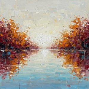 Leuchtender Horizont Aus Ockerfarbenem Laub Und Ruhigen Ceruleumblauen Reflexionen In Impasto — Christian Noiret, Zeitgenössische Abstraktion