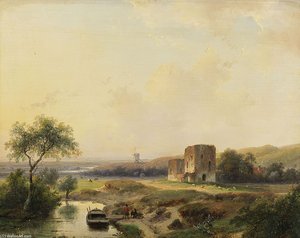 River Landscape With Windmill In Haarlem And The Ruins Of Brederode — Andreas Schelfhout