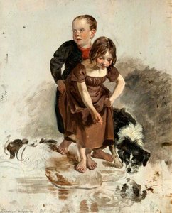 A Boy And A Girl With A Collie Dog Standing By A Stream (study For 'the Covenanters' Baptism') — George Harvey
