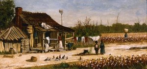 Cabin Scene With Birdhouse, Chickens And Cotton Picker Carrying Basket Of Cotton — William Aiken Walker