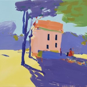 Solemn Radiance: An Impasto Study Of Sunlit Architecture And Violet Shadows — Marion Delorme, Hockney Figurative Pop