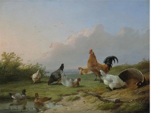 Chickens And Ducks In A Landscape — Cornelis Van Leemputten