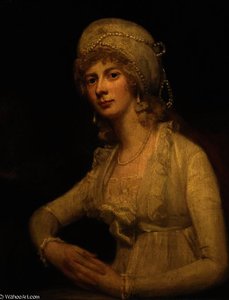 Portrait Of A Lady, Seated Half-length, In A White Dress And White Pearl-trimmed Cap — George Romney