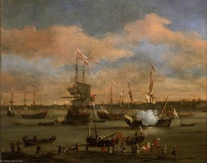An English Merchant Ship In A Mediterranean Harbour In A Light Breeze With Other Vessels — Willem Van De Velde The Younger, Dutch Golden Age