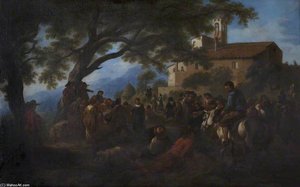 Villagers Gathered Under A Tree In Front Of A Small Monastery