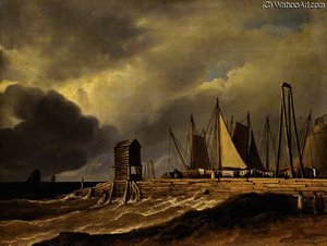 A Pier In Choppy Seas With Figures In The Foreground And Sailing Boats Beyond, Traditionally Described As 'the Old Fish Market At Brighton' — James Arthur O Connor