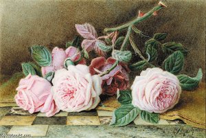 Still-life Of Pink Roses On A Marble Topped Table