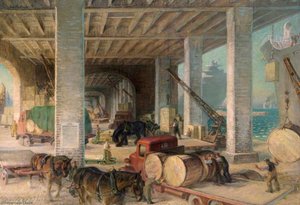 War Transport A Dockside Unloading Shed For Tobacco, Ammunition And Machinery — John Edgar Platt