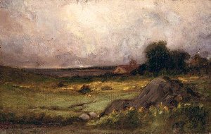 Untitled (landscape With Rock In Foreground And Roof With Steeple, Lake In Background), (painting) — Edward Mitchell Bannister