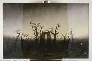 Abbey Entre Robles, Estado Intermedio Durante La Eliminación Del Barniz — Caspar David Friedrich, Romantic Landscape Painting