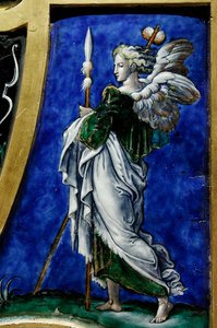Angel with the sponge and lance, two instruments of the Passion of Christ, detail of an altarpiece with the Resurrection, Limoges artwork.