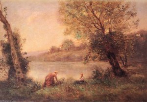Ville-d'avary - Paysanne Et Son Enfant Entre Deux Arbres Au Bord De L — Jean-baptiste-camille Corot