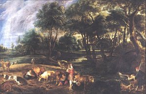 Landscape With Cows And Wildfowlers — Peter Paul Rubens, Flemish Baroque