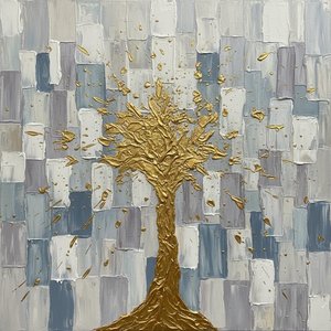Gilded Solitude: A Monumental Golden Silhouette Amidst Muted Mosaic Fragments — David Moreau, Plaster & Texture Art