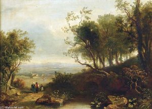 Figures On A Path By A Stream, A Valley Beyond — James Stark