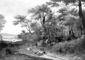 Robbers robbing travelers on the edge of a wood