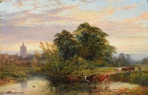 Summer Landscape With A Drover And Cattle Crossing A River At Eventide — John Syer