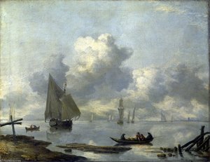 Vessels in Light Airs on a River near a Town