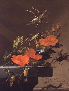 A Bouquet Of Roses, Morning Glory And Hazelnuts With Grasshoppers, Stag Beetle And Lizard