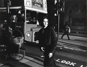 Woman in front of Bus, London, England