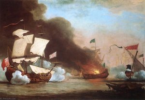 An English Ship In Action With Barbary Pirates — ヴィレム・ファン・デ・フェルデ（子）