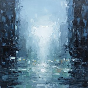 Convergence Into Cyan Light: A Study In Urban Depth And Reflected Silence — Christian Noiret, Contemporary Abstract Painting