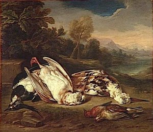 GIBIER MORT DANS UN PAYSAGE DEUX BECASSES BLANCHES ET TROIS AUTRES OISEAUX
