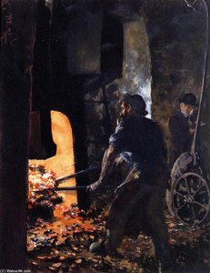 Self Portrait With Worker Near The Steam-hammer — Adolph Von Menzel