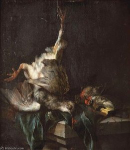A Pigeon Hanging, With Two Goldfinches And A Green Cloth On A Stone Ledge