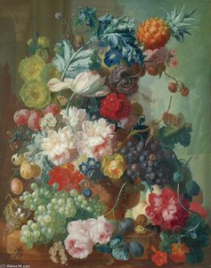 Fruit And Flowers In A Terracotta Vase — Jan Van Os