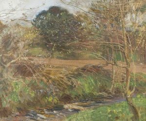 A Pastoral Scene With Trees And A Stream In The Foreground — Sir Alfred James Munnings, Impressionist Landscape