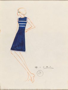 Drawing, Blue A-line Dress And Blue And White Striped Blouse — Alceu De Paula Penna