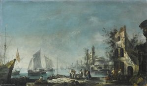 A Capriccio Harbour View With Figures Conversing And Ships At Anchor — Antonio Stom
