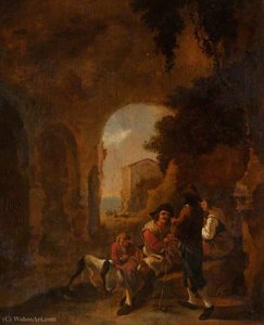 Roman Peasants Conversing In A Grotto Amongst Ruins — Frederick De Moucheron