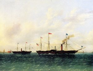 The U.s. Mail Steamship Washington'' Flying The Mail Flag Passing The ''hermann'' Off Governors Island'' — James Edward Buttersworth