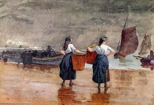 Fishergirls On The Beach, Tynemouth — Winslow Homer, American Realism