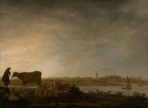 A View Of Vianen With A Herdsman And Cattle By A River — Aelbert Jacobsz Cuyp