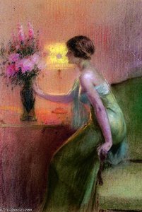 Jeune Fille Devant Un Bouquet Le Soir — Delphin Enjolras