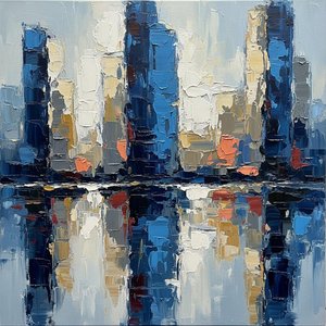 Monolithic Reflections In Blue: A Singular Study Of Urban Serenity And Impasto Light — Christian Noiret, Contemporary Abstract Painting